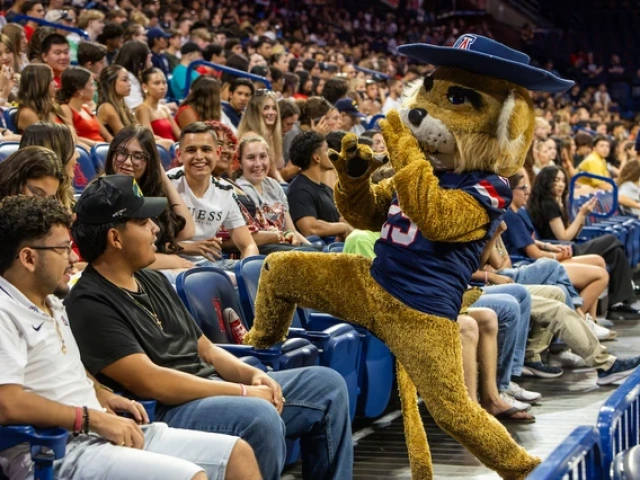 Wilbur Wildcat, the University of Arizona mascot, playfully poses in the stands with cheering students during the Destination Arizona event.