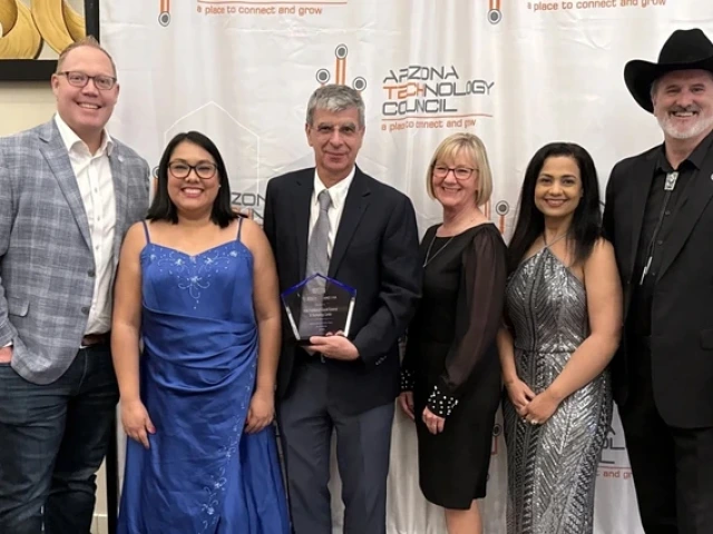 From left: Derick Maggard, Araceli Hernández-Granados, Pierre Deymier, Lynn Frazier, Rakhi Gibbons and Doug Hockstad celebrate the "Innovator of the Year – Academia" award from the Arizona Technology Council and the Arizona Commerce Authority.