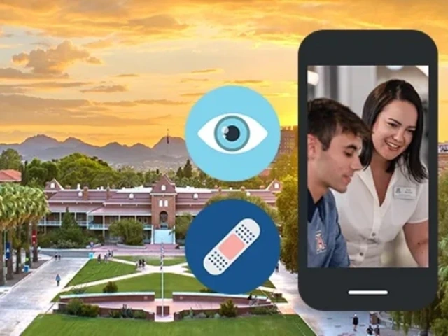 A view of the University of Arizona campus at sunset with Old Main and palm trees in the foreground. Overlaid graphics show a smartphone with a nurse assisting a student, surrounded by circular health-related icons including an eye, bandage, shield, doctor, tooth, pill, and IV bag, representing medical and wellness services.